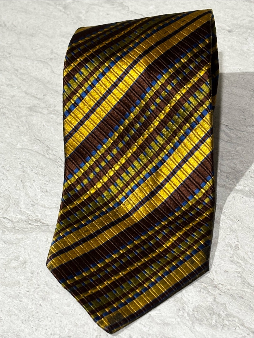 Vintage 60s Bullock’s Gold, Brown and Blue Striped Tie